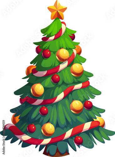 Cartoon Christmas holiday decorated pine tree. Isolated vector spruce with bright ornaments, lights and golden star on top. Festive fir tree plant evokes feelings of joy, celebration and Xmas spirit