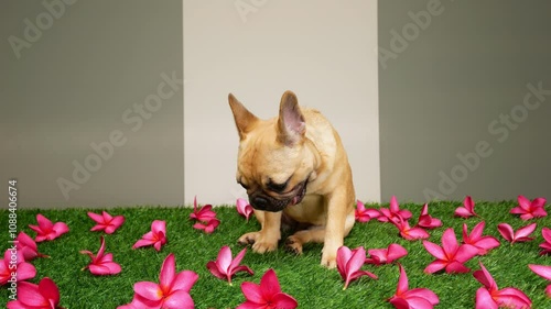 Disinterested French Bulldog puppy sits on artificial grass surrounded by red flowers, exhibiting signs of boredom. With lackluster expression, young dog yawns and slumps, conveying sense of fatigue