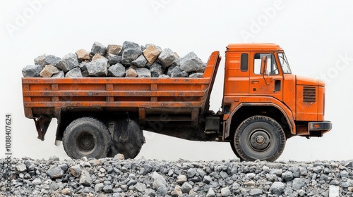 Dump Truck Loading Heavy Stone White Background photo