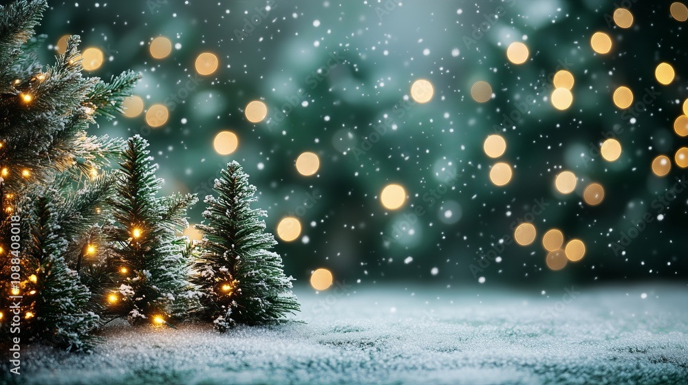 Snow-dusted Christmas trees with glowing lights and golden bokeh Snow-dusted Christmas trees with glowing lights and golden bokeh