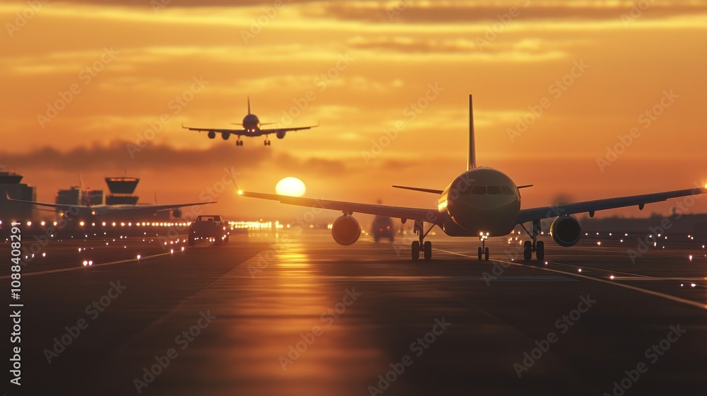 A plane is on the runway with the sun setting in the background A plane is on the runway with the sun setting in the background