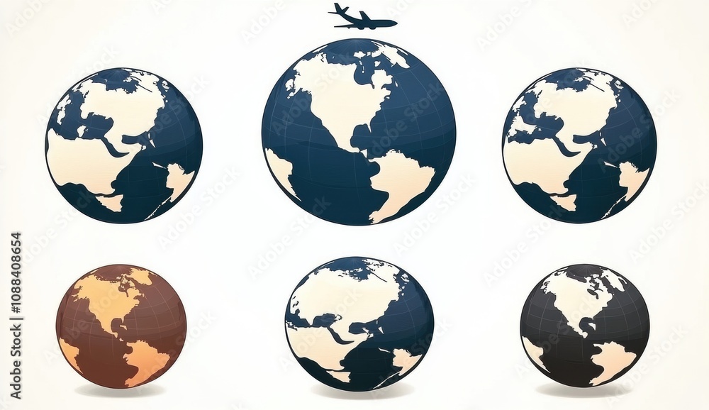 Multiple Globes Design Illustrating the Diversity of Earth with a Flying Airplane Representing Global Travel and Connection Across Continents Multiple Globes Design Illustrating the Diversity of Earth with a Flying Airplane Representing Global Travel and Connection Across Continents