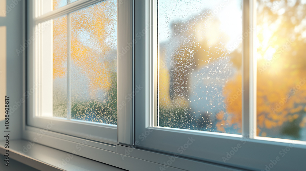 Obraz premium Window with condensation and blurred view outside