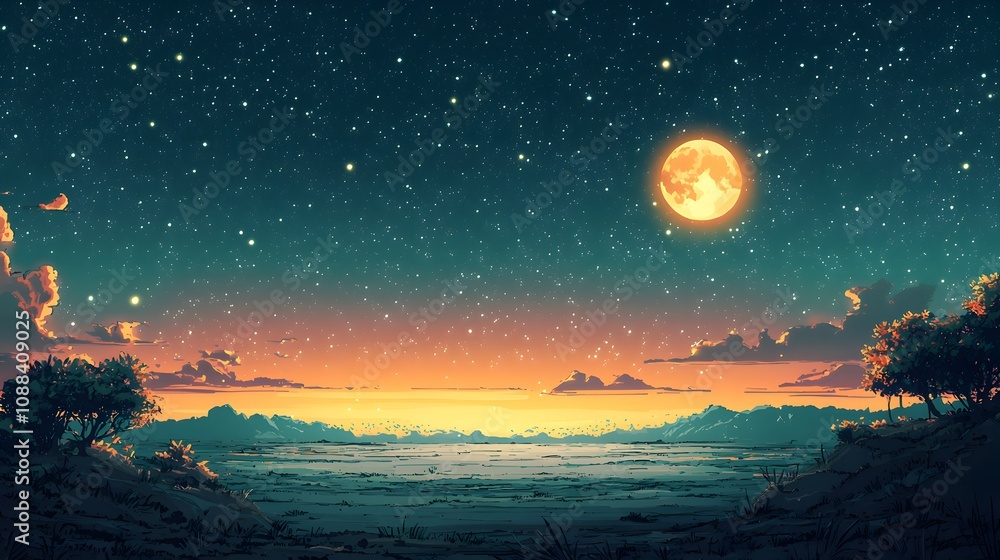 Serene Night Landscape with Full Moon and Starry Sky Serene Night Landscape with Full Moon and Starry Sky