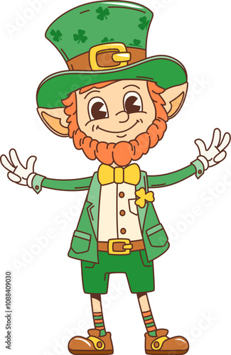 Cartoon retro funny leprechaun groovy character for Saint Patrick Day holiday, vector personage. Leprechaun groovy character with shamrock clovers on hat for Irish St Patrick Day holiday greeting