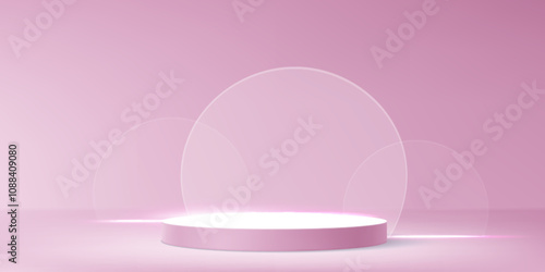 Luxury pink platform with overlapping transparent circular glass elements. Minimalist elegant showcase setup with premium cosmetic display or elegant product staging. Realistic vector studio room.