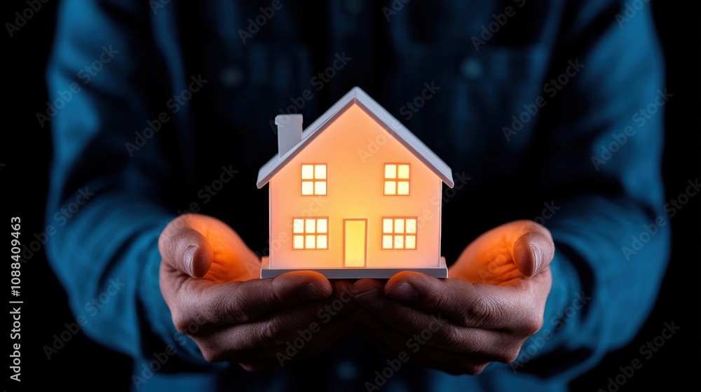 Radiant hands protecting a glowing house model studio closeup dark environment concept of home safety and comfort Radiant hands protecting a glowing house model studio closeup dark environment concept of home safety and comfort