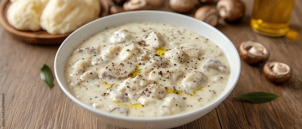 Delicious creamy mushroom soup served with soft bread rolls. Delicious creamy mushroom soup served with soft bread rolls.