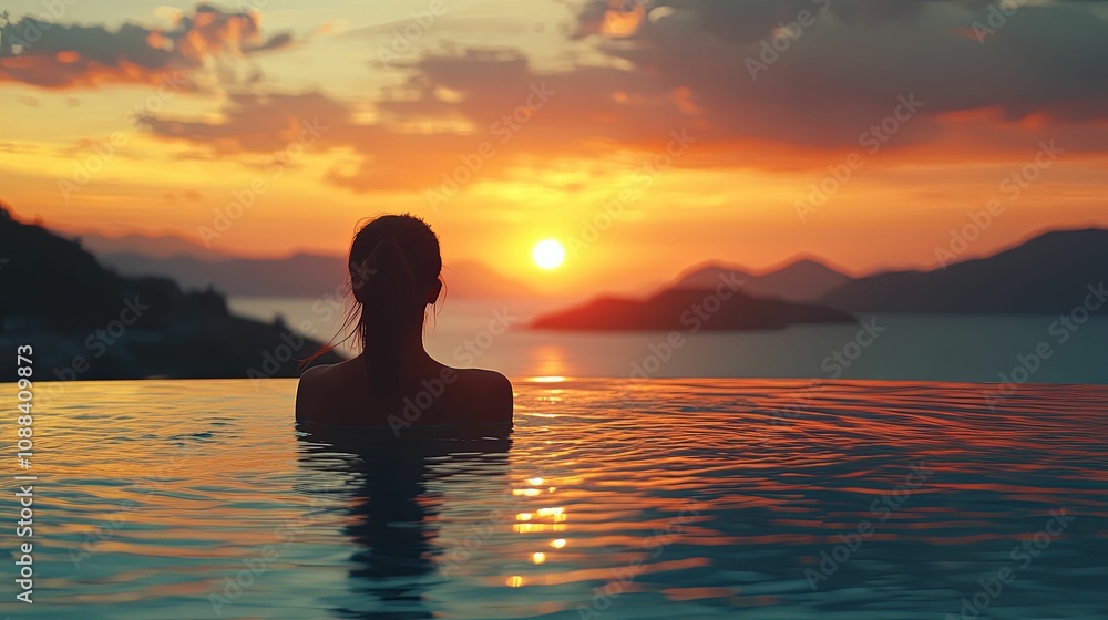 Woman Silhouetted In Infinity Pool At Sunset Woman Silhouetted In Infinity Pool At Sunset