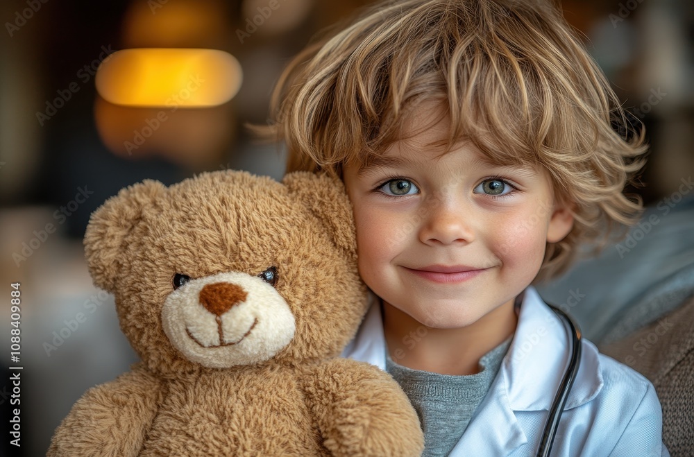 Cute boy wearing a doctor's coat and stethoscope while playing with a teddy bear Cute boy wearing a doctor's coat and stethoscope while playing with a teddy bear