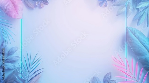 Geometric Neon Frames with Leaves Multiple neon geometric frames in various colors and sizes, overlapping with tropical leaves and flowers, creating a dynamic and modern design against a white photo