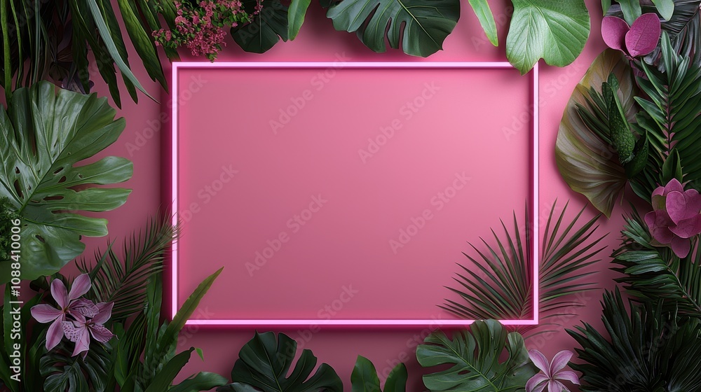 Neon Light Borders with Jungle Foliage A rectangular neon frame in bright pink surrounding a lush jungle scene with various tropical plants and flowers, creating a vibrant and exotic feel. Neon Light Borders with Jungle Foliage A rectangular neon frame in bright pink surrounding a lush jungle scene with various tropical plants and flowers, creating a vibrant and exotic feel.