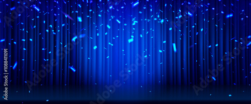 Blue theater stage curtain with falling luminous confetti and spotlight effect. Realistic closed cinema stage drapery with floor for theatrical performances, award ceremonies or entertainment shows.