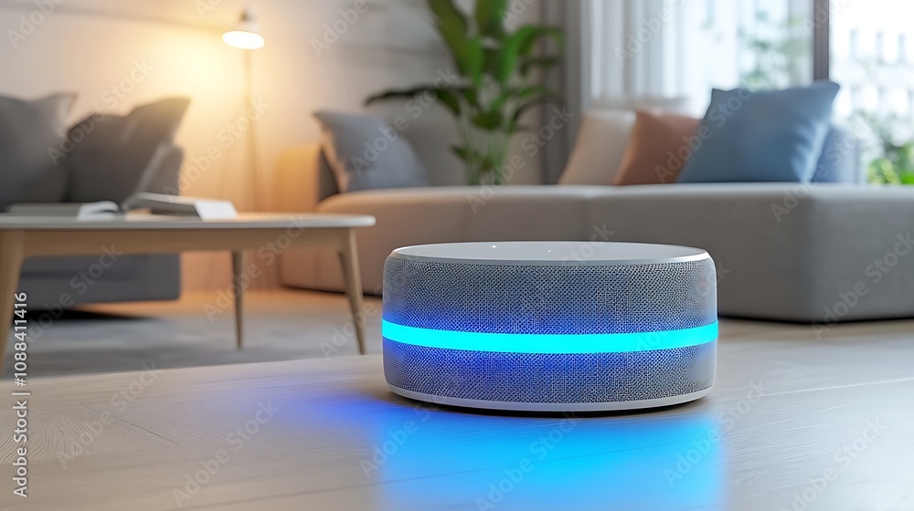 Smart Home Ambient Lighting: Modern Living Room with Smart Speaker Smart Home Ambient Lighting: Modern Living Room with Smart Speaker