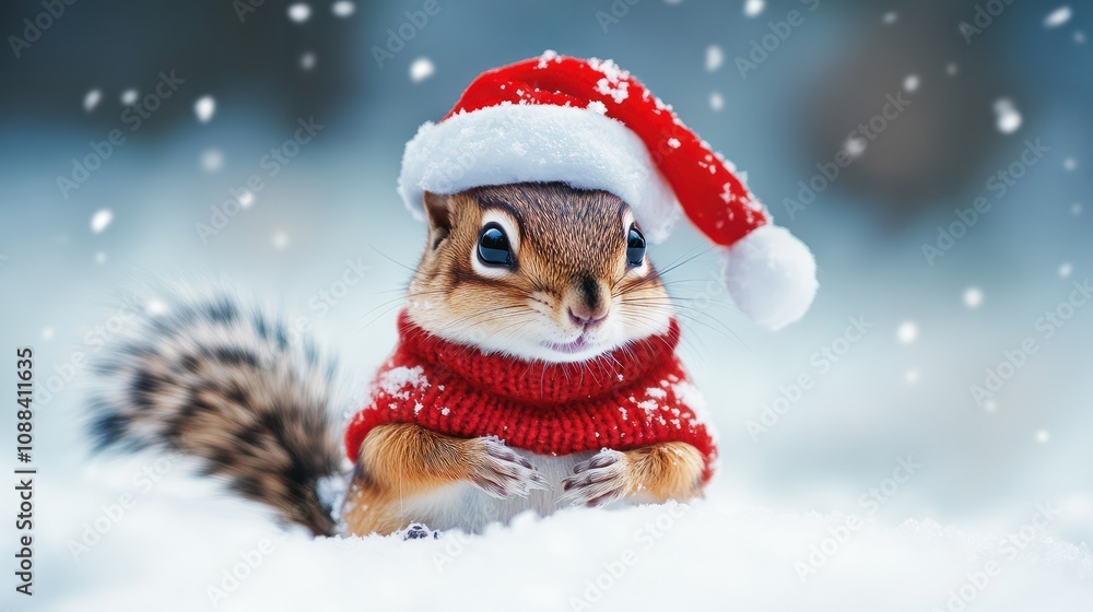 Chipmunk in snow with winter clothes like Santa Claus.. Christmas style hat and sweater. Funny animals in winter. Chipmunk in snow with winter clothes like Santa Claus.. Christmas style hat and sweater. Funny animals in winter.