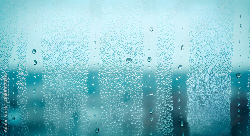 Water Droplets on Glass Background with Rain Drops in Light Blue Water Droplets on Glass Background with Rain Drops in Light Blue