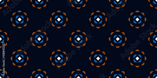 Cute small flowers pattern round shapes motif continuous background. Brown, blue, white colors palette. Modern decoration ditsy floral fabric design textile swatch easy to recolor allover print block.