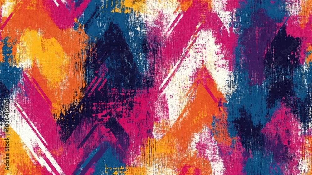 Naklejka premium Vibrant seamless geometric pattern featuring abstract designs with ethnic brush strokes and multicolor tie dye textures for stylish textiles