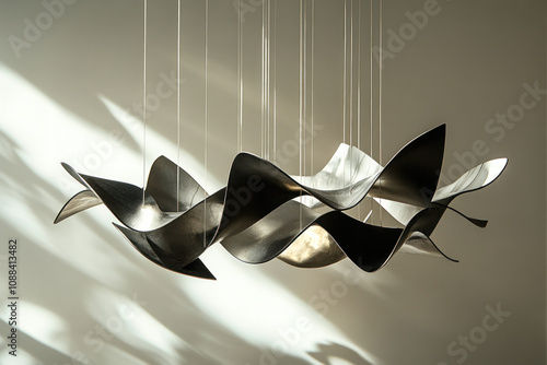 Three metal birds suspended from a ceiling, creating a whimsical and elegant decorative display. photo