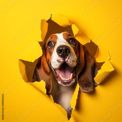 A Bassett Hound Breaking Through A Yellow Wall  photo