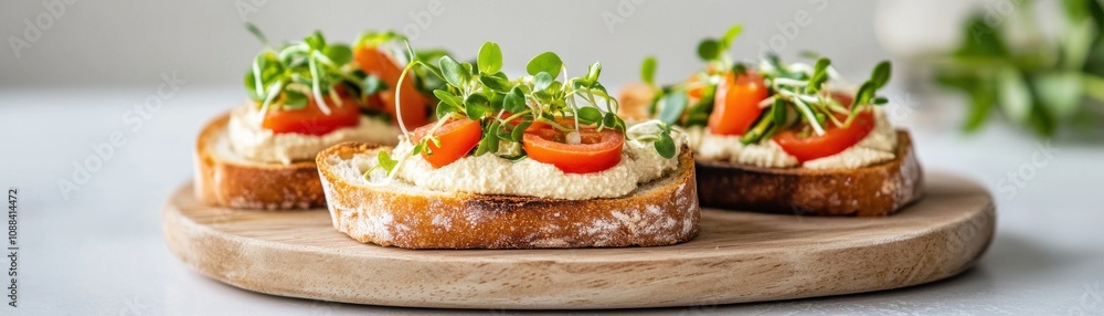 Delicious hummus toast topped with fresh tomatoes and microgreens on a wooden board. Delicious hummus toast topped with fresh tomatoes and microgreens on a wooden board.