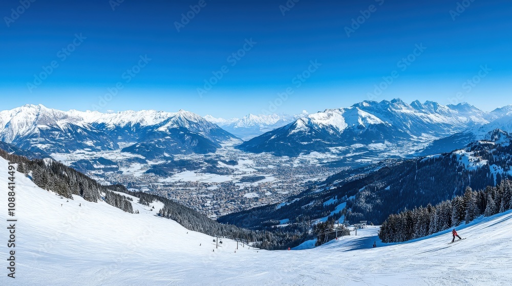 Skiing down a snowy mountain in the Alps with clear blue skies Skiing down a snowy mountain in the Alps with clear blue skies