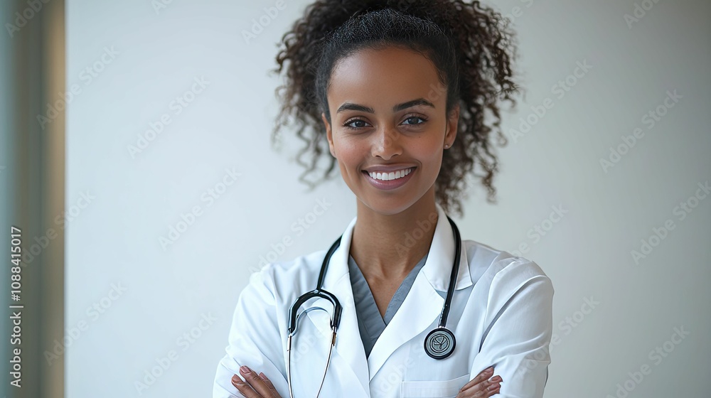 A Smiling Female Doctor Wearing A White Coat A Smiling Female Doctor Wearing A White Coat