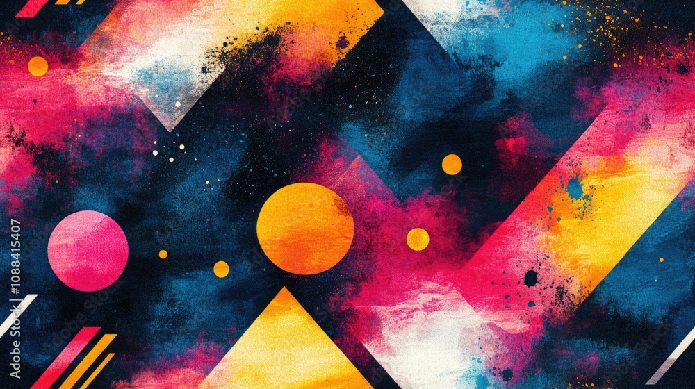 Naklejka premium Vibrant seamless pattern featuring abstract geometric shapes and watercolor effects ideal for textile design and creative projects