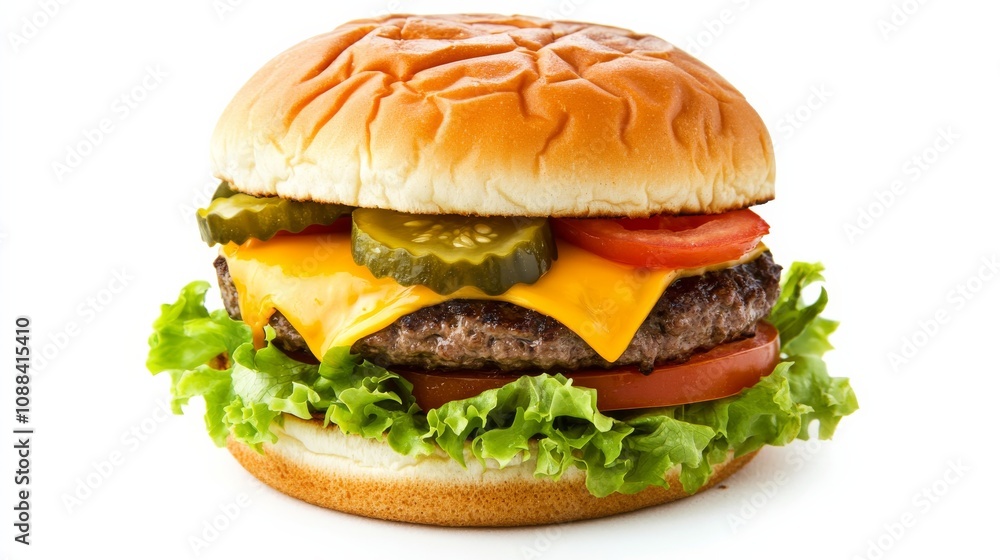 A juicy beef burger with melted cheddar cheese, crispy lettuce, ripe tomato slices A juicy beef burger with melted cheddar cheese, crispy lettuce, ripe tomato slices