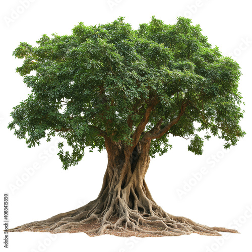 Tall tree with deep roots and green leaves