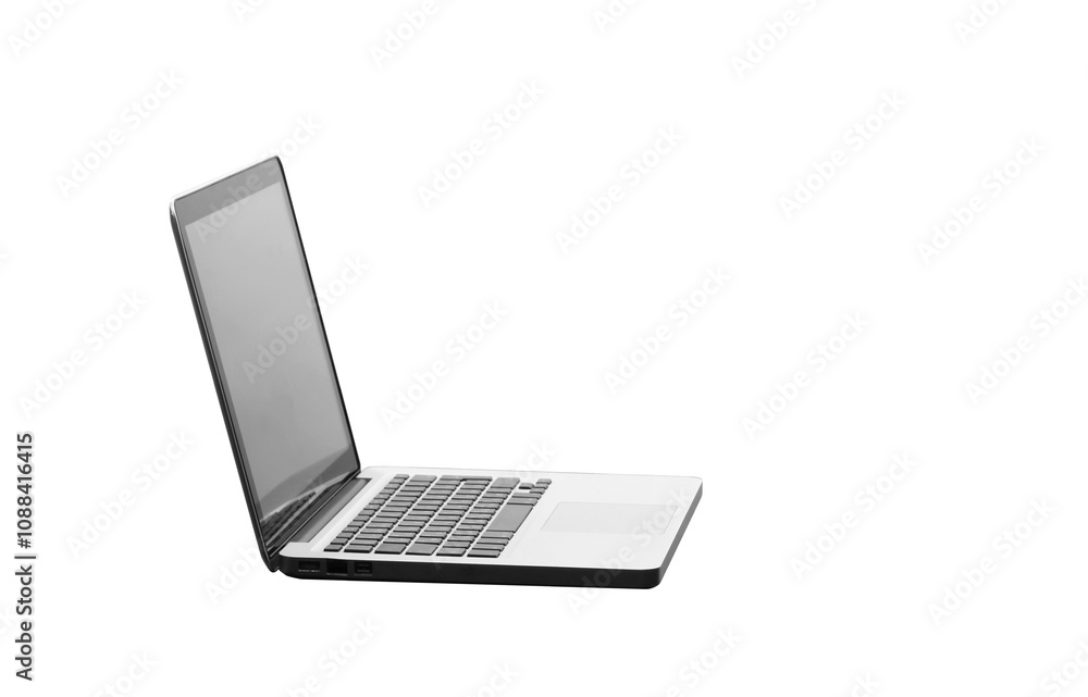 Modern open laptop with visible keyboard and screen. The device is isolated on a clean white background, showcasing its sleek design. Concept of technology