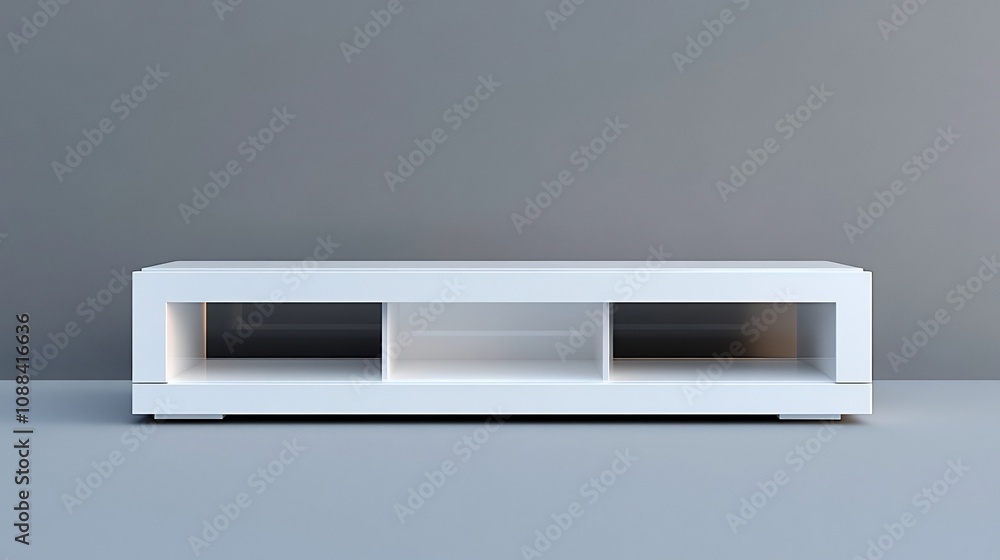 Sleek and Functional White Glossy TV Stand with Open Shelves Against Gray Background Sleek and Functional White Glossy TV Stand with Open Shelves Against Gray Background