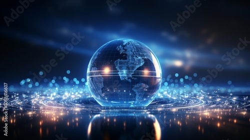 A globe is floating on a dark blue surface with a lot of lights surrounding it
