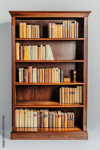 Neatly Organized Walnut Bookshelf Filled with Arranged Books on Plain Gray Background