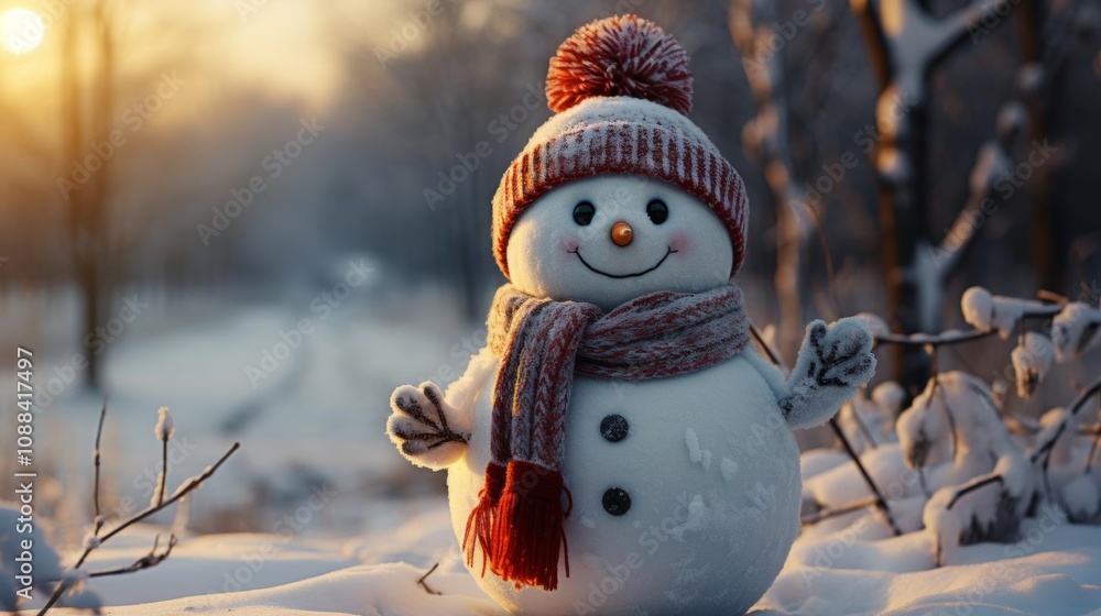 Obraz premium A snowman with a red scarf and a red hat is standing in the snow