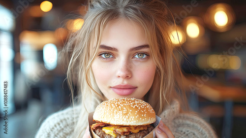 Woman girl eating junk food, burger photo