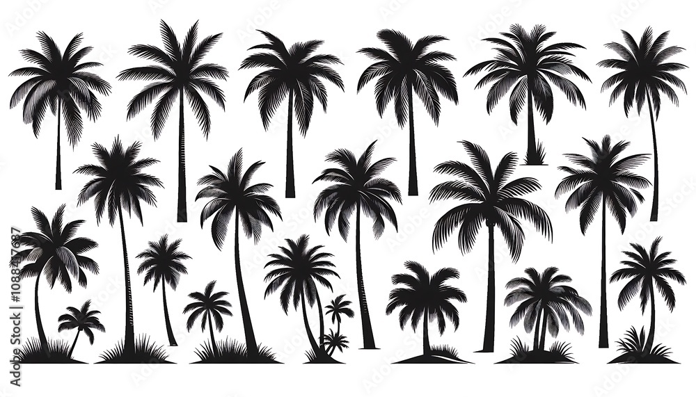 Fototapeta premium Silhouettes of Various Palm Trees on a White Background. generator AI