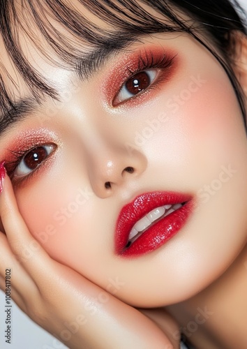 Phone Wallpaper Glamorous Woman with Bold Red Makeup and Glossy Lips