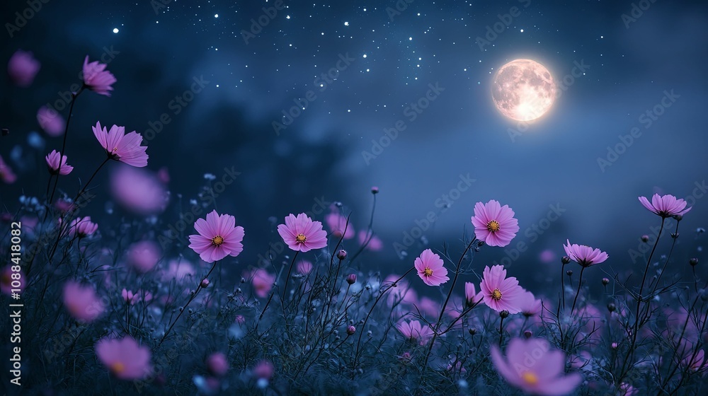 Pink Cosmos Flowers Bloom Under Night Sky Moon Stars Pink Cosmos Flowers Bloom Under Night Sky Moon Stars