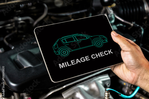 Tableau sur toile Check the maintenance mileage of used car , The display shows car maintenance ch