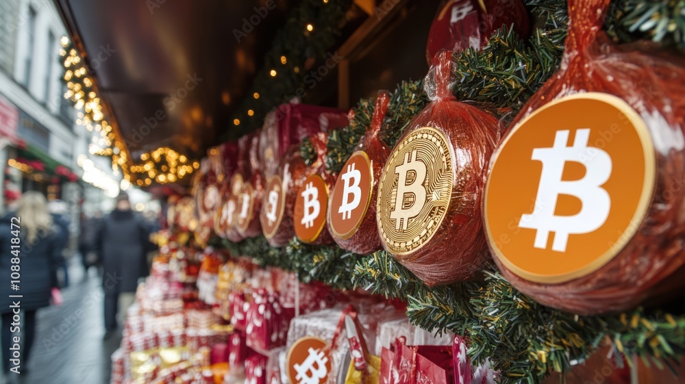 Naklejka premium Bitcoin Festive New Year Concept. A festive display featuring Bitcoin ornaments among holiday decorations, blending cryptocurrency with Christmas cheer.