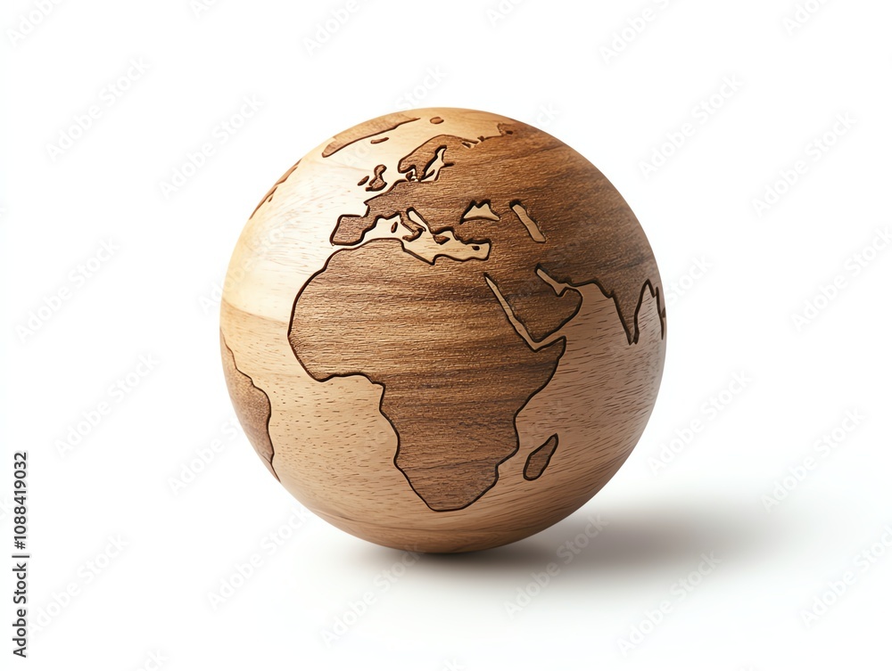 Wooden globe with engraved continents, isolated on white background. Wooden globe with engraved continents, isolated on white background.