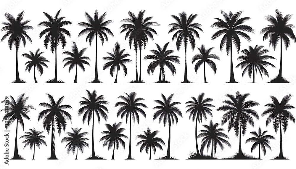 Fototapeta premium Silhouettes of Various Palm Trees on a White Background. generator AI