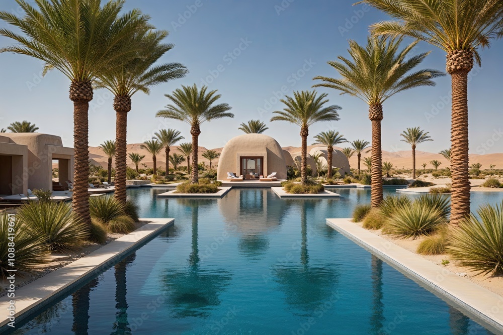 Luxurious Desert Oasis with Exotic Palms and Clear Waters in a Tranquil Landscape Luxurious Desert Oasis with Exotic Palms and Clear Waters in a Tranquil Landscape