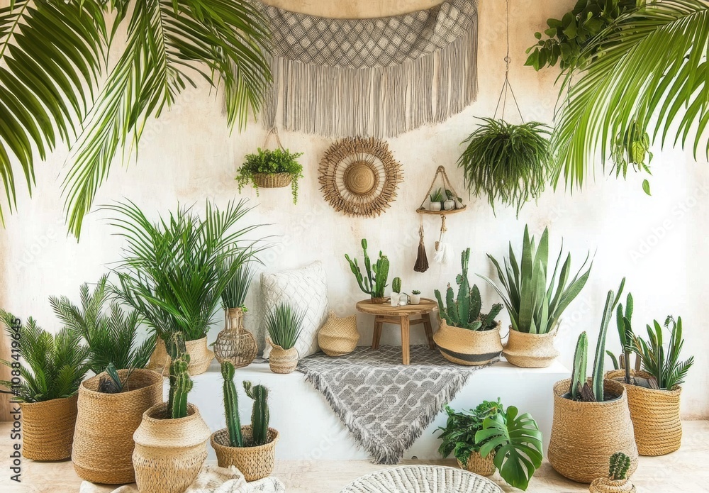 Elegant Indoor Plant Decor in Natural Textures Featuring Diverse Greenery and Woven Accessories for a Serene and Stylish Atmosphere Elegant Indoor Plant Decor in Natural Textures Featuring Diverse Greenery and Woven Accessories for a Serene and Stylish Atmosphere