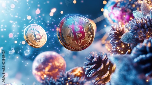 Bitcoin Festive New Year Concept. A vibrant depiction of floating Bitcoin coins amidst colorful, abstract backgrounds, evoking a sense of digital finance and innovation.