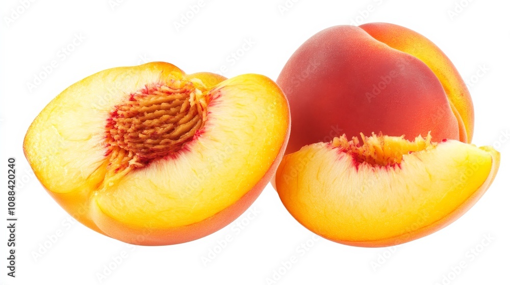 A luscious, ripe peach sliced open to reveal its golden flesh, Each juicy segment tempting with its sweetness A luscious, ripe peach sliced open to reveal its golden flesh, Each juicy segment tempting with its sweetness