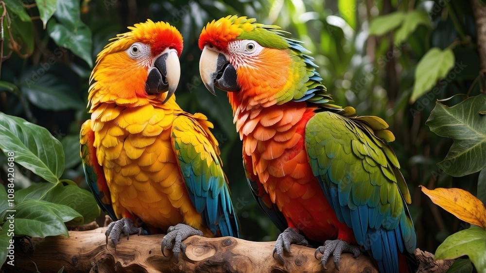 Two colorful parrots in a thick tropical jungle- Two colorful parrots in a thick tropical jungle-