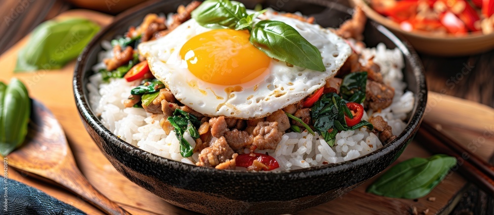 Stir Fried Pork With Basil On Rice Topped With Fried Egg Stir Fried Pork With Basil On Rice Topped With Fried Egg