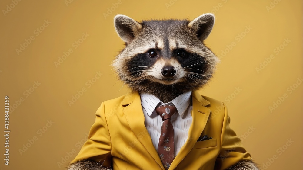 A funny raccoon with its arms crossed and wearing a brown suit jacket. The image's humorous and fantastical feel is enhanced by the A funny raccoon with its arms crossed and wearing a brown suit jacket. The image's humorous and fantastical feel is enhanced by the